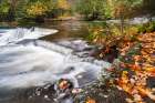 USA, Michigan, Ottawa National Forest. Fallen maple leaves and waterfalls on Ontonagon River. Art Print